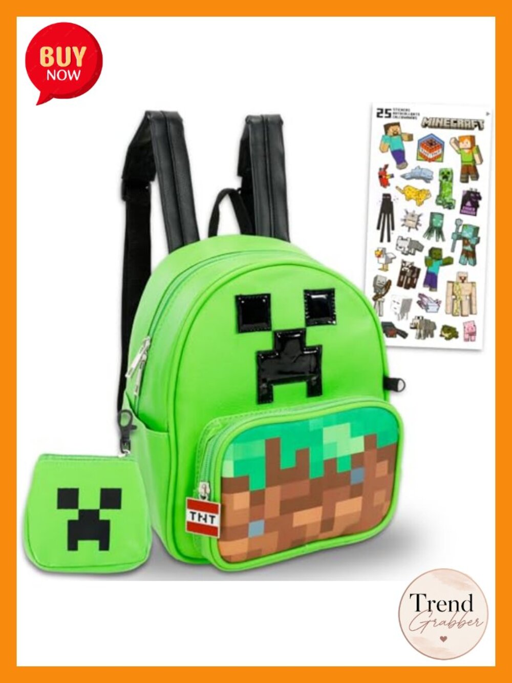 Faux Leather Minecraft Creeper Backpack with Coin Purse Set for Adults